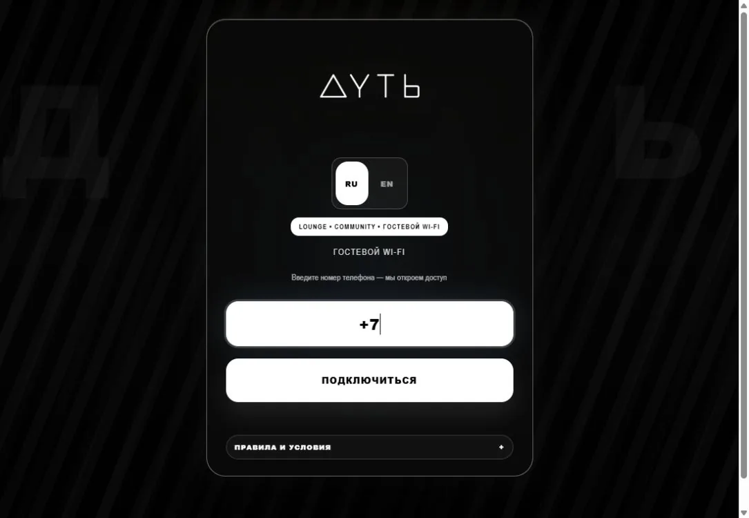 Скриншот проекта: «Дуть» в Калуге: гостевой Wi-Fi с собственным порталом