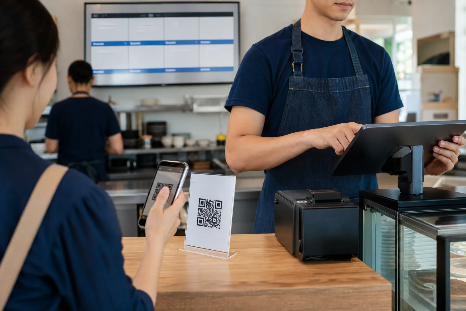 Электронное меню ресторана на смартфоне, QR-код на столе и цифровой экран у кухни
